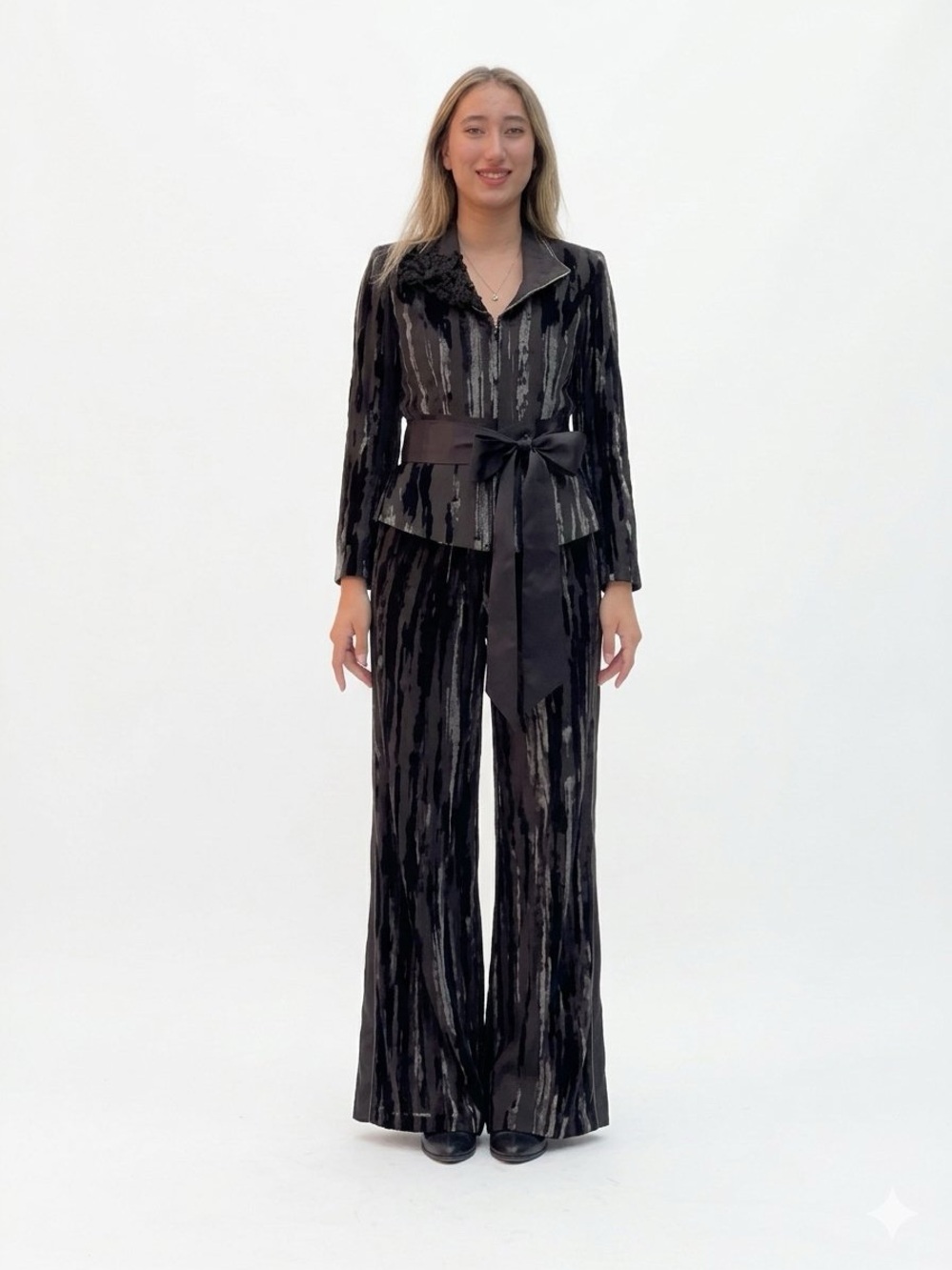 Polen Poe Black Velvet Wide Leg Pantsuit with Satin Sash
